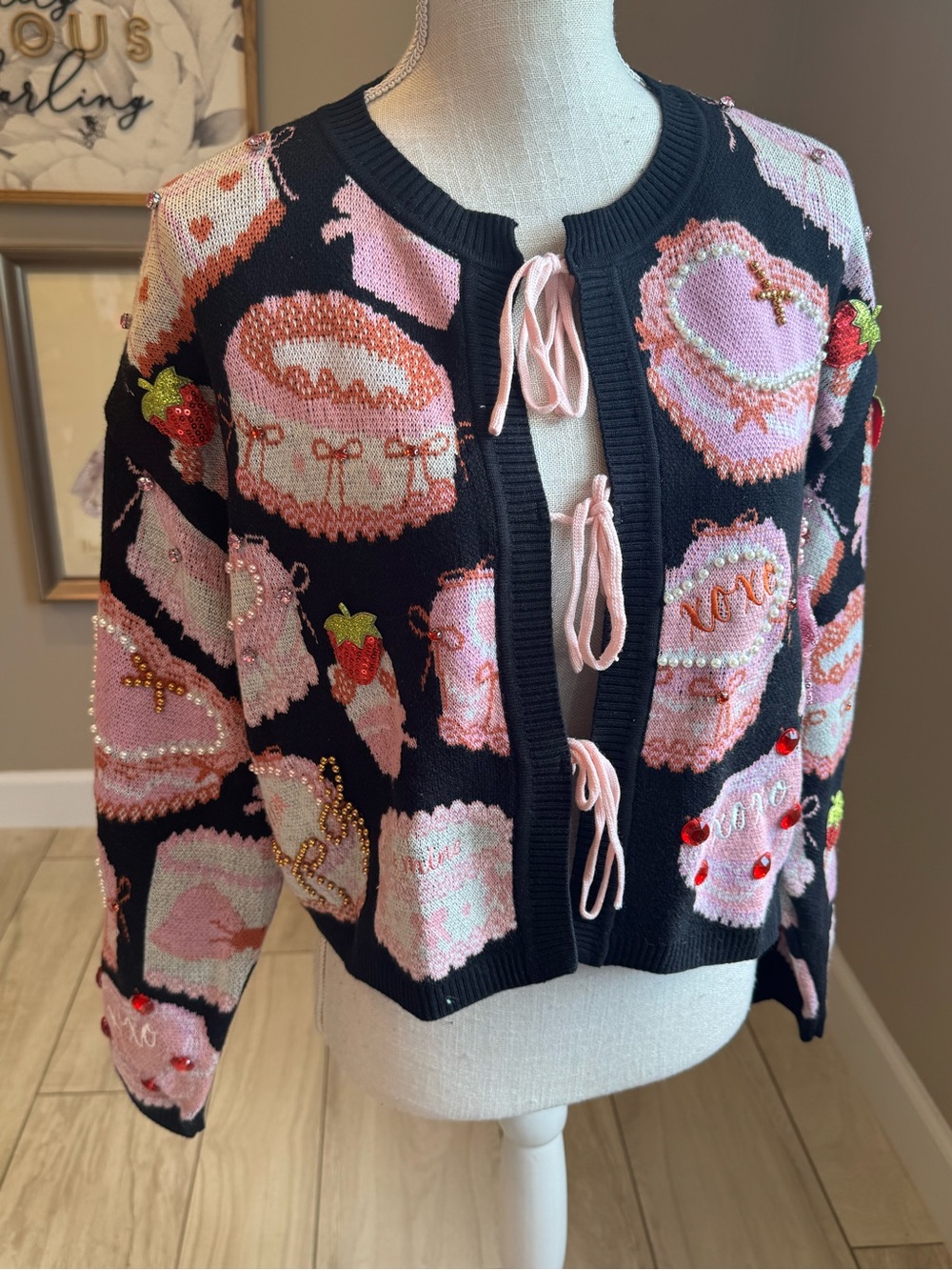 New! QUEEN OF SPARKLES Black Cakes & Pastries Tie Front Cardigan Sweater